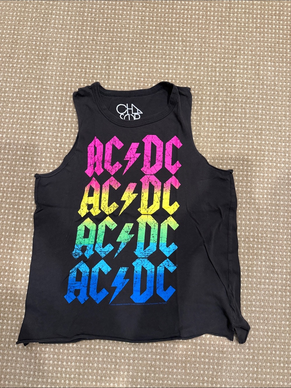 Chaser AC/DC Women’s Black Muscle Tank with Rainbow Logo